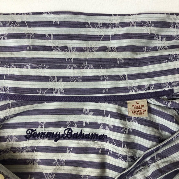 Tommy Bahama Cotton Silk Blend Purple White Palm Embroidered Button Up Shirt L - Picture 7 of 12